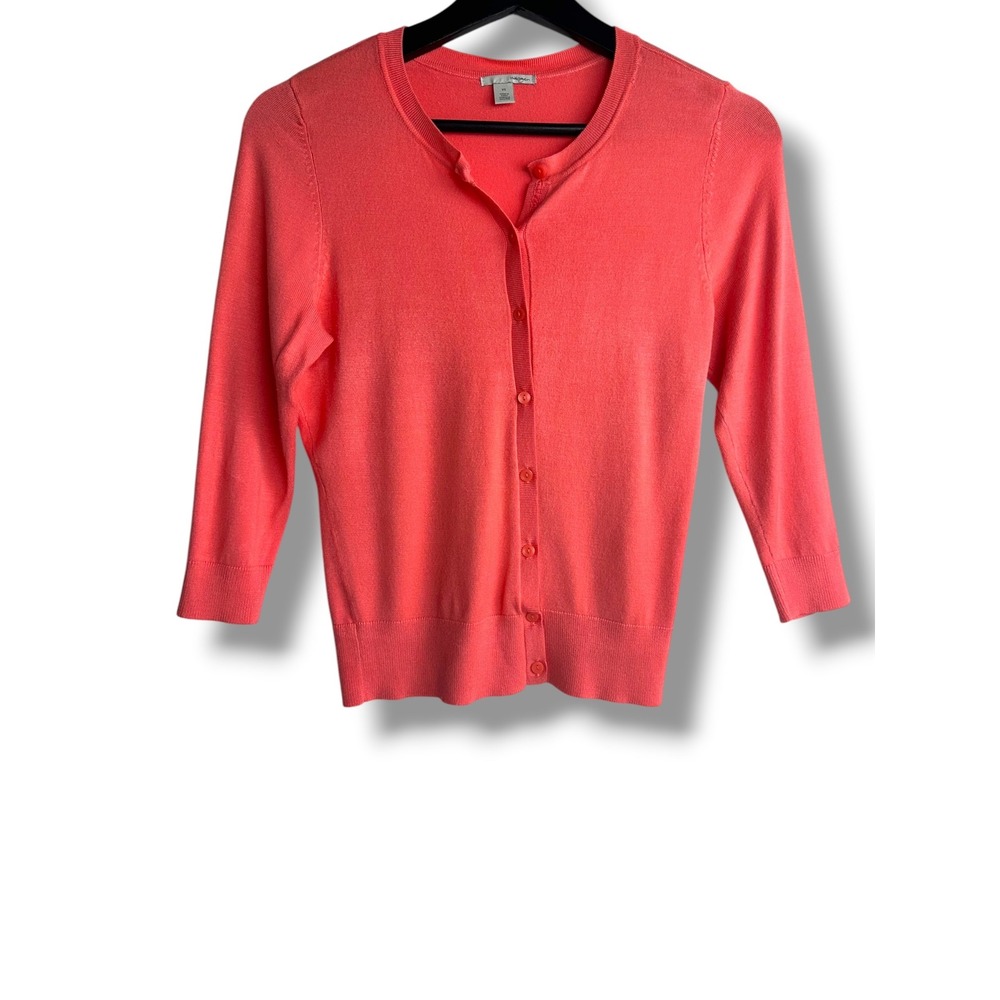 Halogen Cardigan Women XS Coral Pink 3/4 Sleeve Button Front Crew Neck